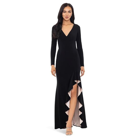 XSCAPE Women's Long-Sleeve Draped Contrast-Slit Dress Black/Nude Size 8 - Picture 1 of 2